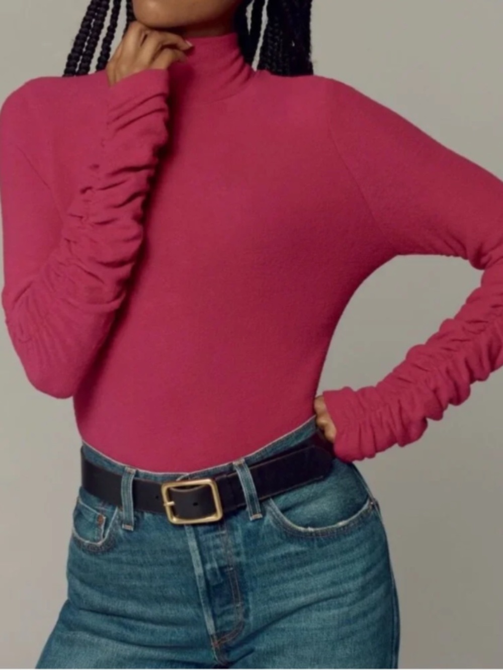 By Anthropologie Ruched Sleeve Turtleneck Top Raspberry Pink Magenta